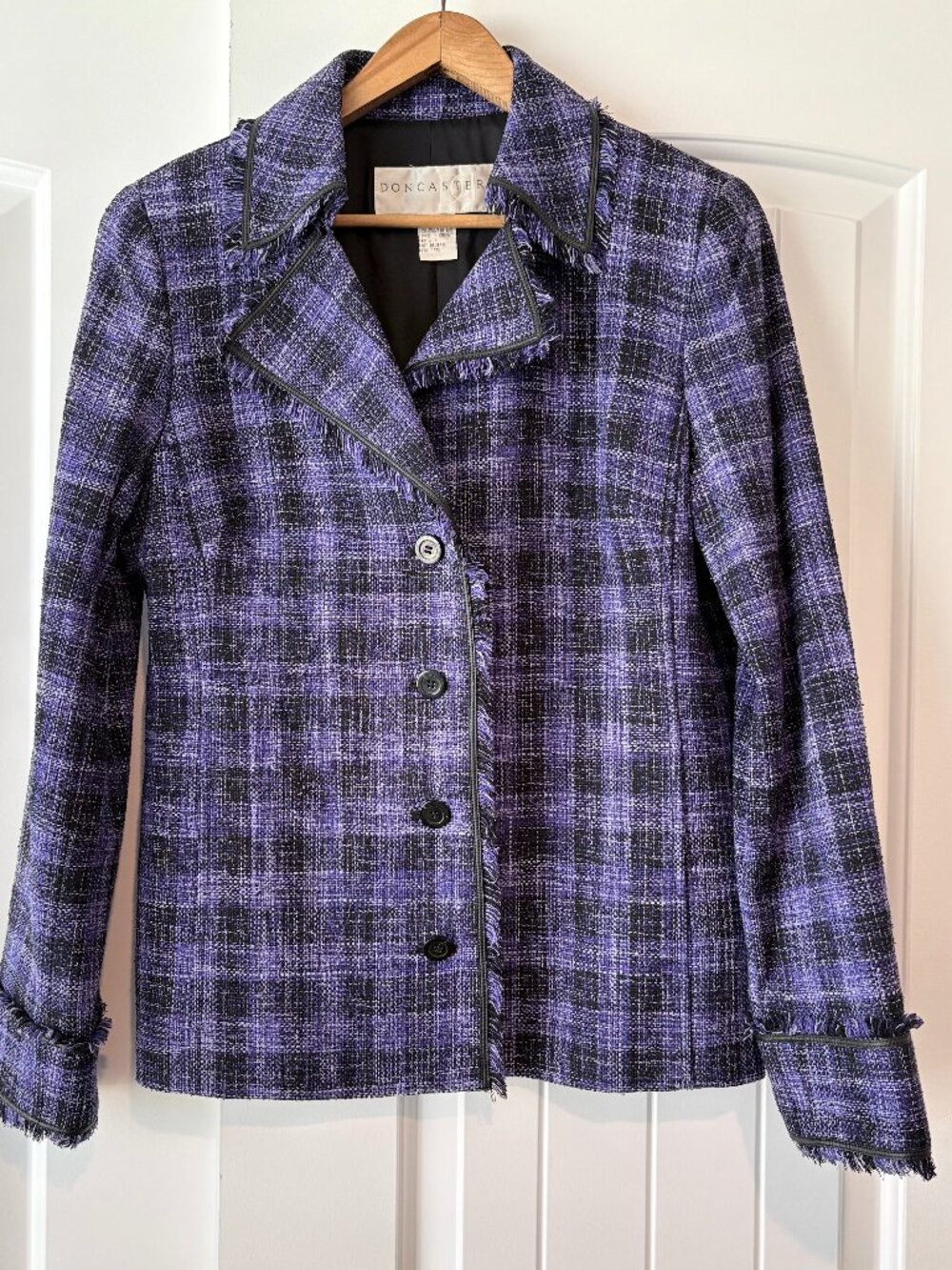 Doncaster 100% Silk Tweed Fringe Blazer Jacket Purple Black Plaid Sz XS - S